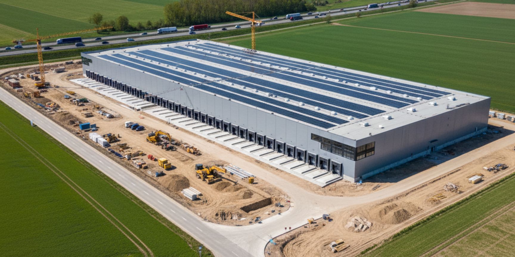 Eine weitläufige, moderne Logistikhalle im Bau, umgeben von grünen Feldern unter blauem Himmel, mit einer Autobahn im Hintergrund, die den Greenfield-Charakter betont.